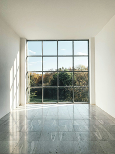 Room with large grid window overlooking trees outside